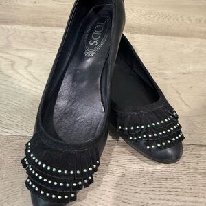 Tod's Black Studded Suede Trim Leather Loafers